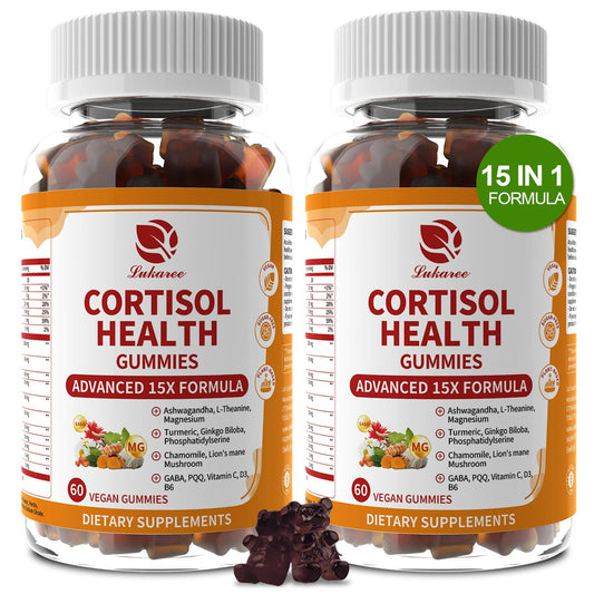 Lukaree Cortisol Supplements bottle front with vegan gummies designed for mood balance