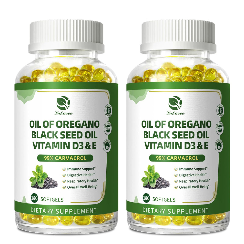 Lukaree Organic Oregano Oil Capsules bottle front with 2-pack packaging for immune support