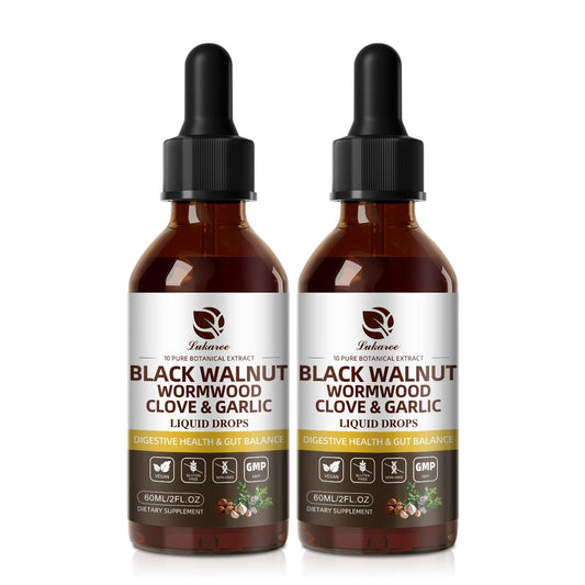 Lukaree Wormwood Black Walnut Clove bottle highlights potent drops for daily gut support