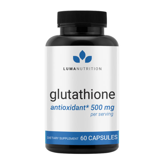 Luma Nutrition glutathione 500mg bottle front for antioxidant support.