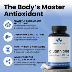 Close-up of Luma Nutrition glutathione capsules highlighting daily dosage.