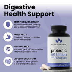 Luma Nutrition Probiotics prebiotics formula, showing ingredients benefits for gut health and immune resilience.