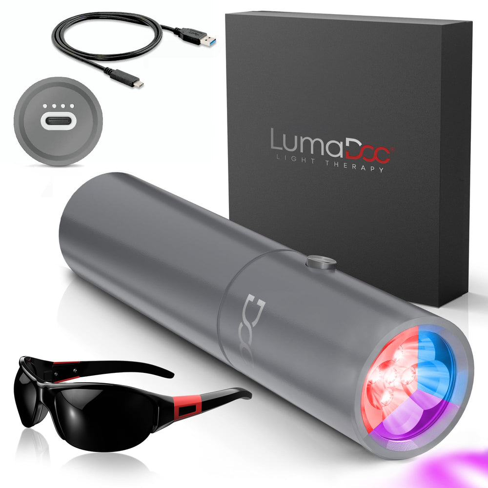 LumaDoc red blue near-infrared torch front view for multi-wavelength home therapy sessions