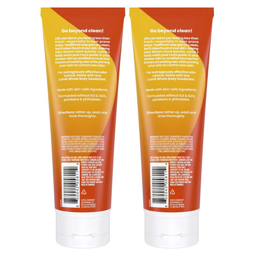 Lume acidified body wash foam shown on skin for odor control.