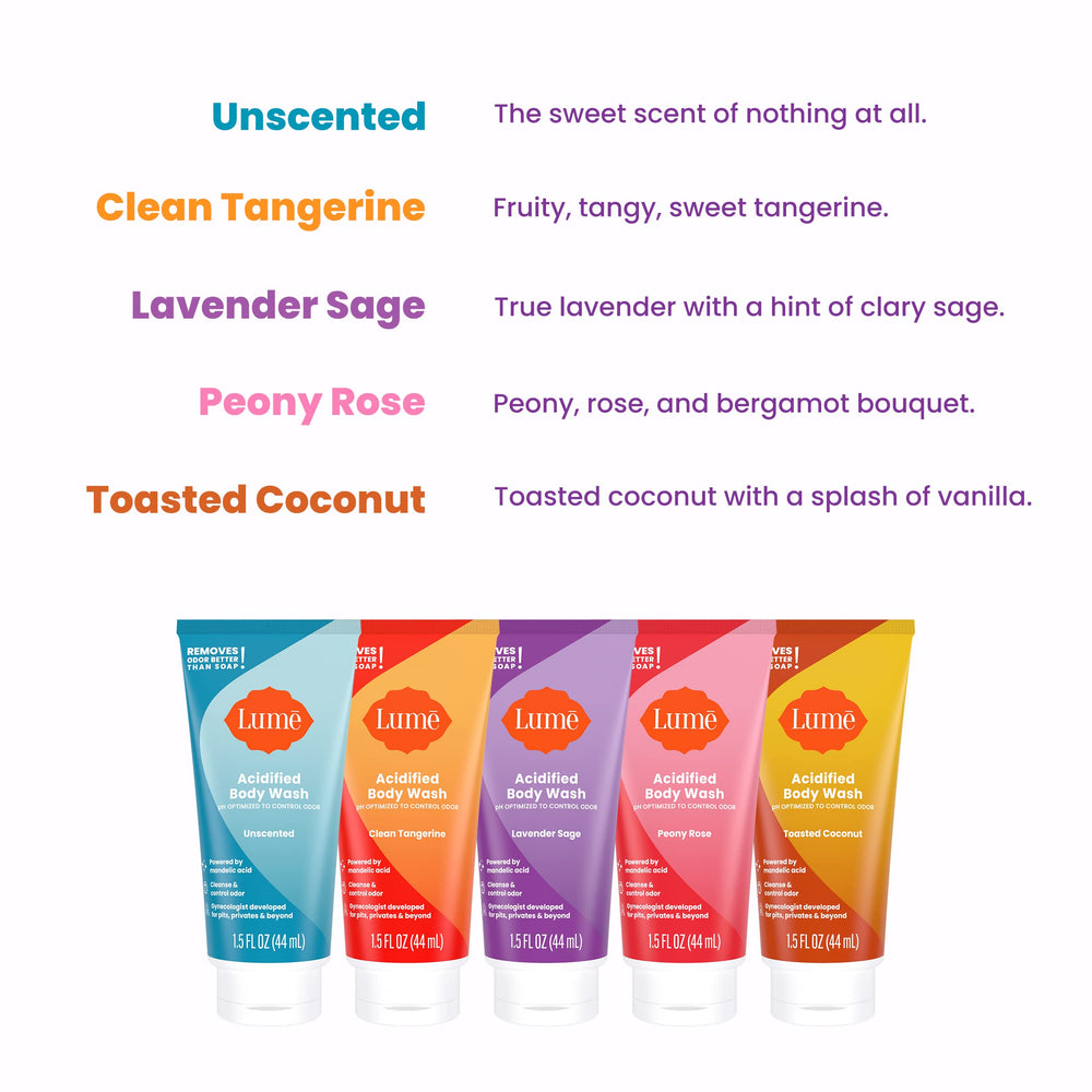 Lume Acidified Body Wash Minis Lavender Sage tube for fresh scent and 24-hour odor control.