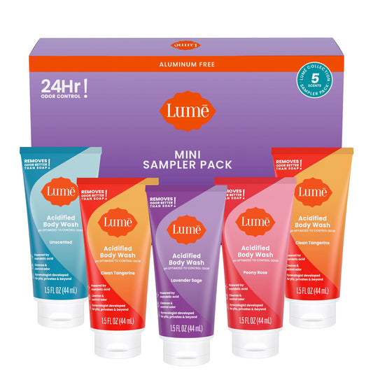 Lume Acidified Body Wash Minis Tangerine tube for odor control and moisturized skin.