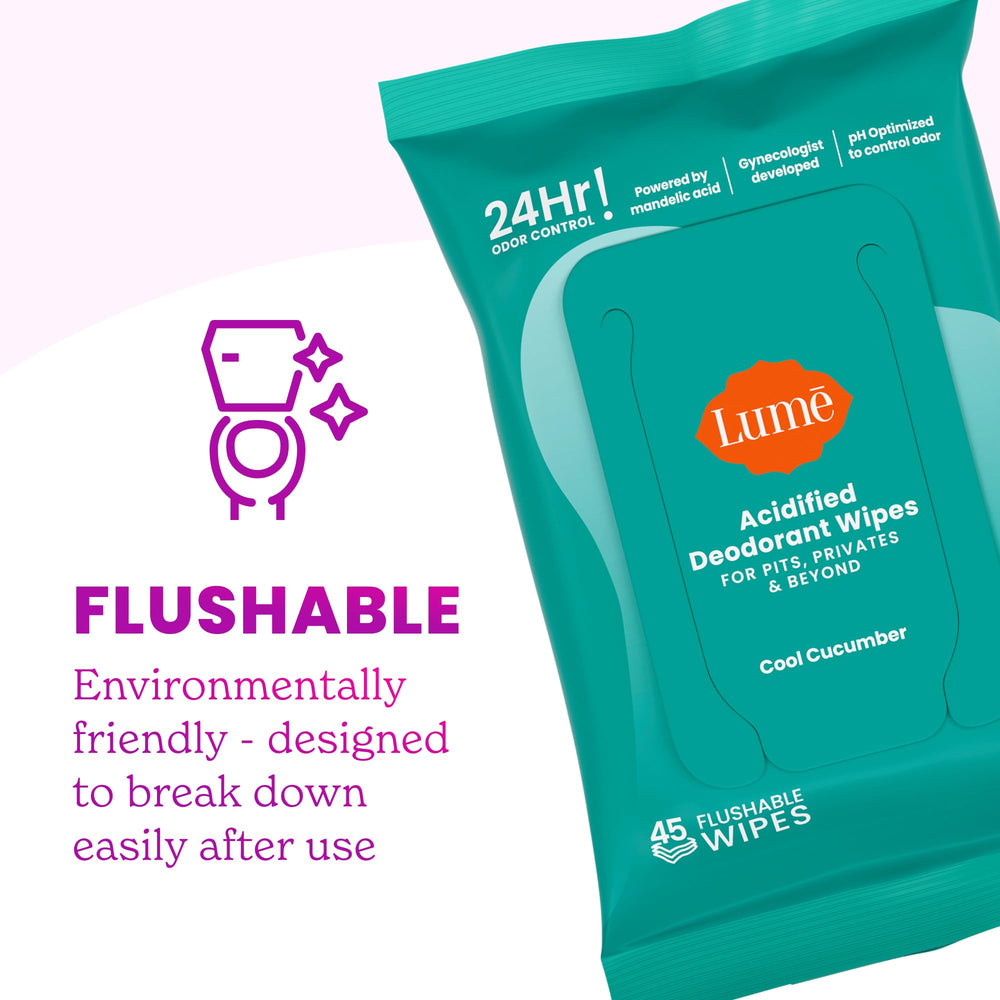 Lume Acidified Deodorant Wipes skin-friendly formula and eco-friendly packaging