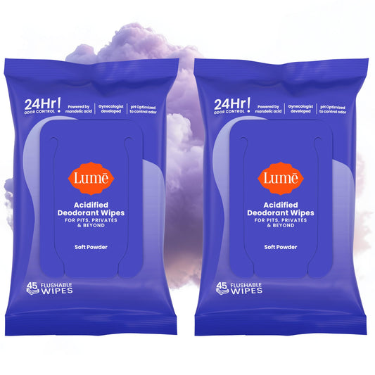 Lume Acidified Deodorant Wipes: soft powder towelettes for quick freshness on the go.