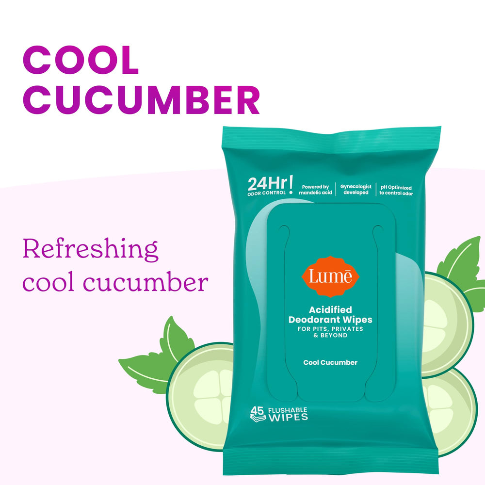 Lume Acidified Deodorant Wipes underboob application for discreet odor management
