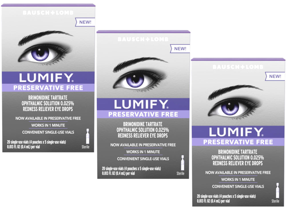 Lumify preservative-free eye drops bottle close-up for fast redness relief