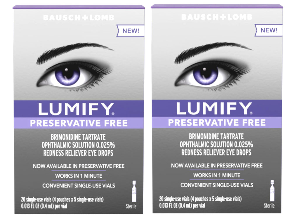 Lumify preservative-free eye drops bottle shows an easy-to-use design for redness relief.