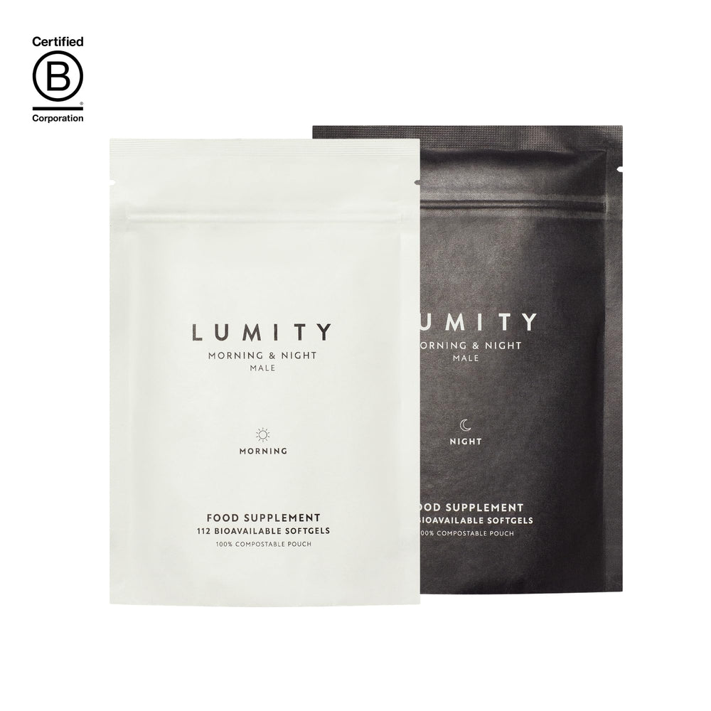 Lumity omega-3 softgels scene illustrating essential fatty acids for skin and joints.