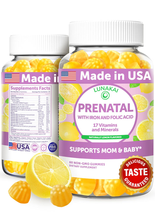 Lunakai 17-in-1 prenatal gummies lemon bottle for tasty daily support during pregnancy
