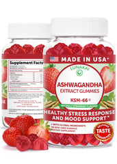 Lunakai Ashwagandha Gummies bottle front promoting daily stress support.