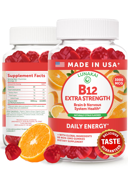 Lunakai B12 gummies bottle front showing 60-count packaging for daily energy.