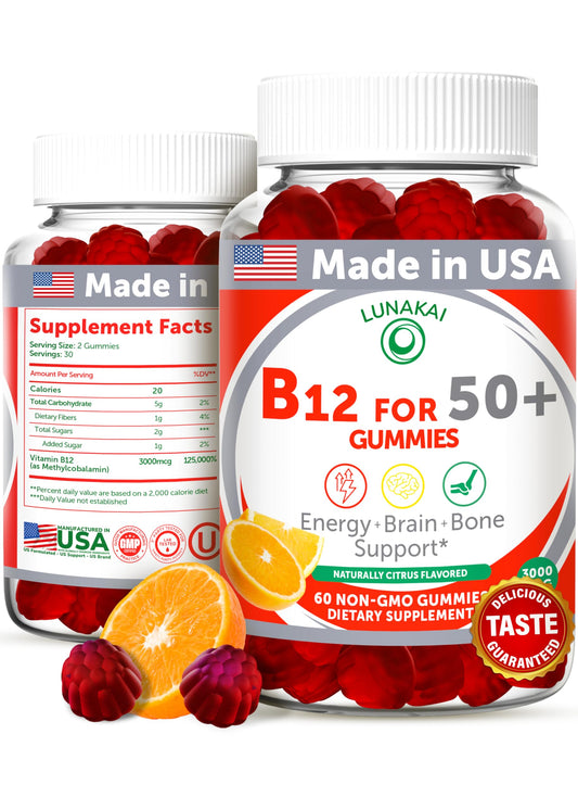 Lunakai B12 gummies energy boost for adults 50+ in orange flavor.