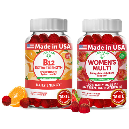 Lunakai B12 gummies bottle showing 30-day supply for daily energy support.
