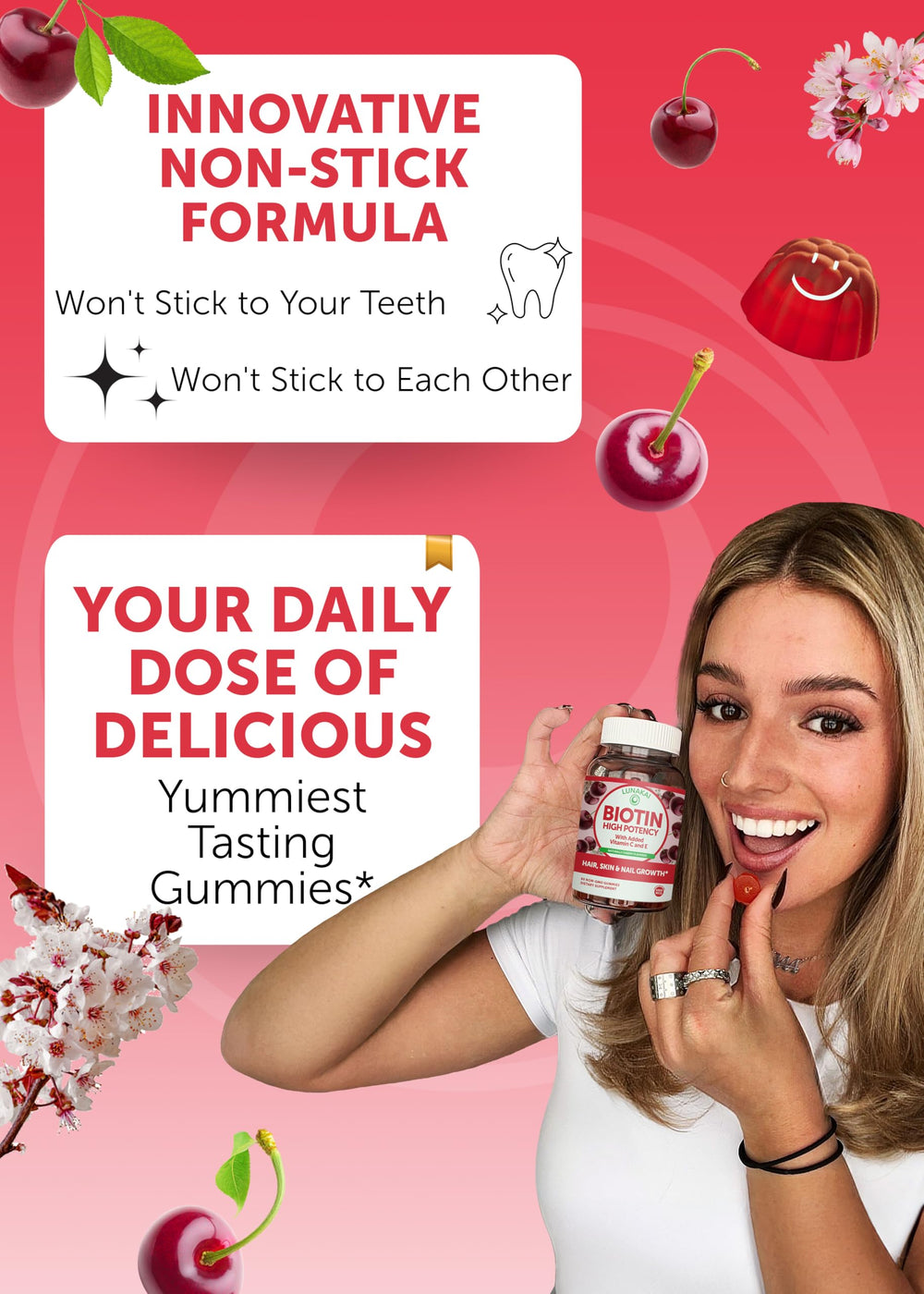 Lunakai biotin gummies nails focus show stronger nails with essential nutrients.