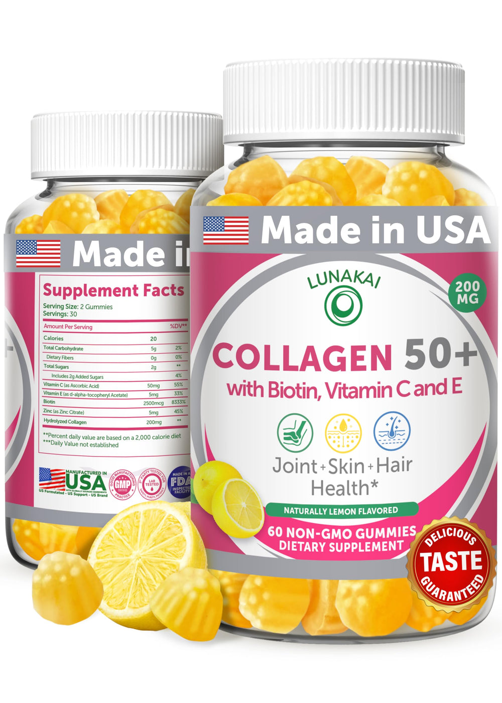 Lunakai collagen gummies lemon bottle highlighting skin elasticity potential