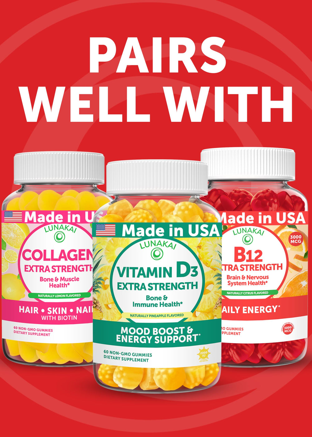 Lunakai CoQ10 Gummies close-up texture without chalkiness or artificial dyes