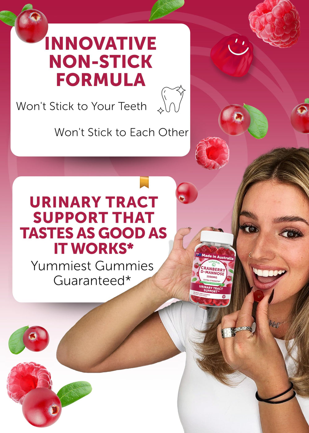 Lunakai Cranberry Gummies label shows 1500mg cranberry and 200mg D-Mannose