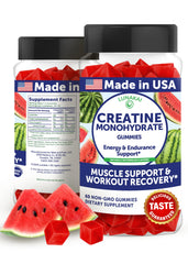 Lunakai creatine gummies bottle front highlights vegan, stimulant-free formula for daily workouts.
