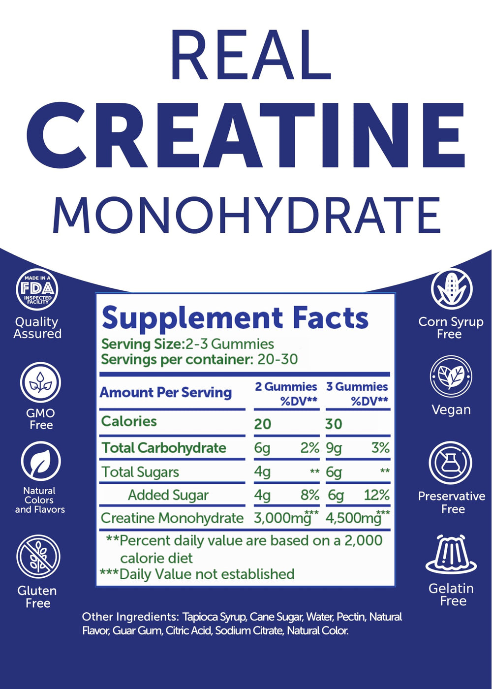 Lunakai creatine gummies daily dosage visual illustrates 2-3 gummies.