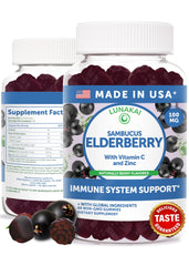 Lunakai elderberry gummies bottle-front showing family-friendly immune support in a tasty chew