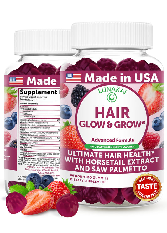 Lunakai hair gummies bottle close-up, highlighting USA-made formula for daily hair support.
