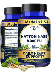 Lunakai nattokinase bottle label highlighting 8000 FU per serving for circulation support.