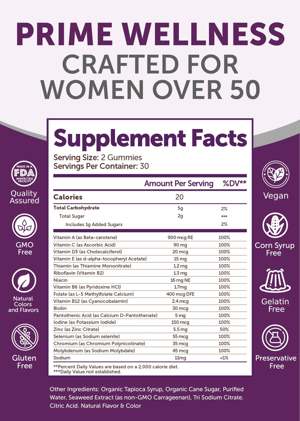 Lunakai nutrition facts label highlights essential vitamins for daily wellness.