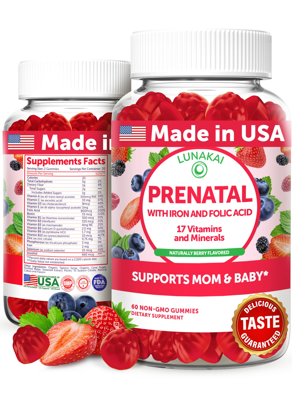Lunakai prenatal gummies berry bottle showing convenient daily nutrition for moms