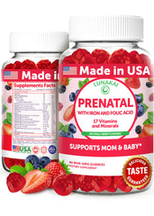 Lunakai prenatal gummies berry bottle showing convenient daily nutrition for moms