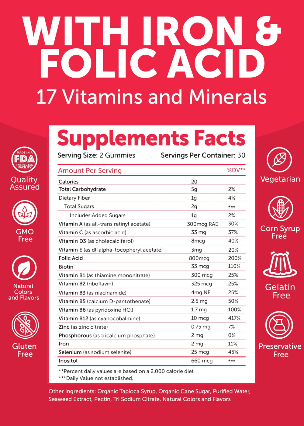 Lunakai Prenatal Gummies non-GMO label emphasizes clean, natural ingredients.
