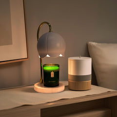 LunaLoved Cedarwood-Ambergris scented candle; warm base notes enhance cozy evenings