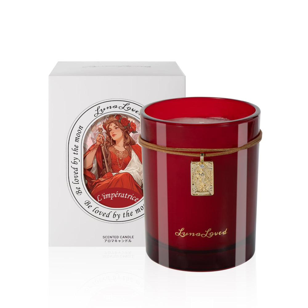 LunaLoved Empress Rose Oud candle jar fills space with rich mood-enhancing fragrance.