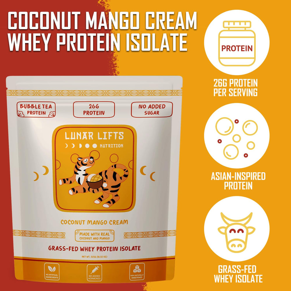 Lunar Lifts grass-fed whey isolate powder highlights 26 g protein per serving.