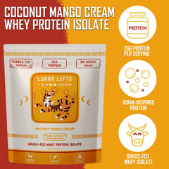 Lunar Lifts grass-fed whey isolate powder highlights 26 g protein per serving.