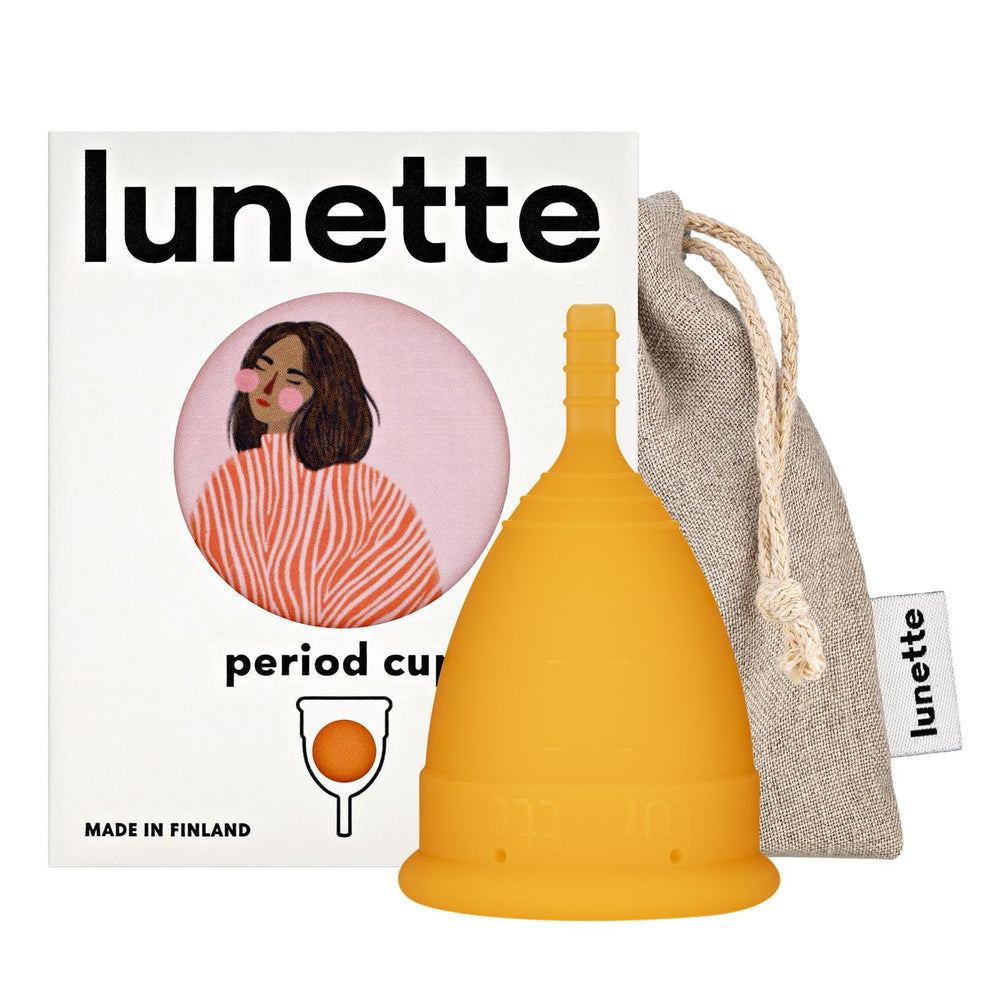 Lunette period cup orange size 2 in use for all-day leak protection.