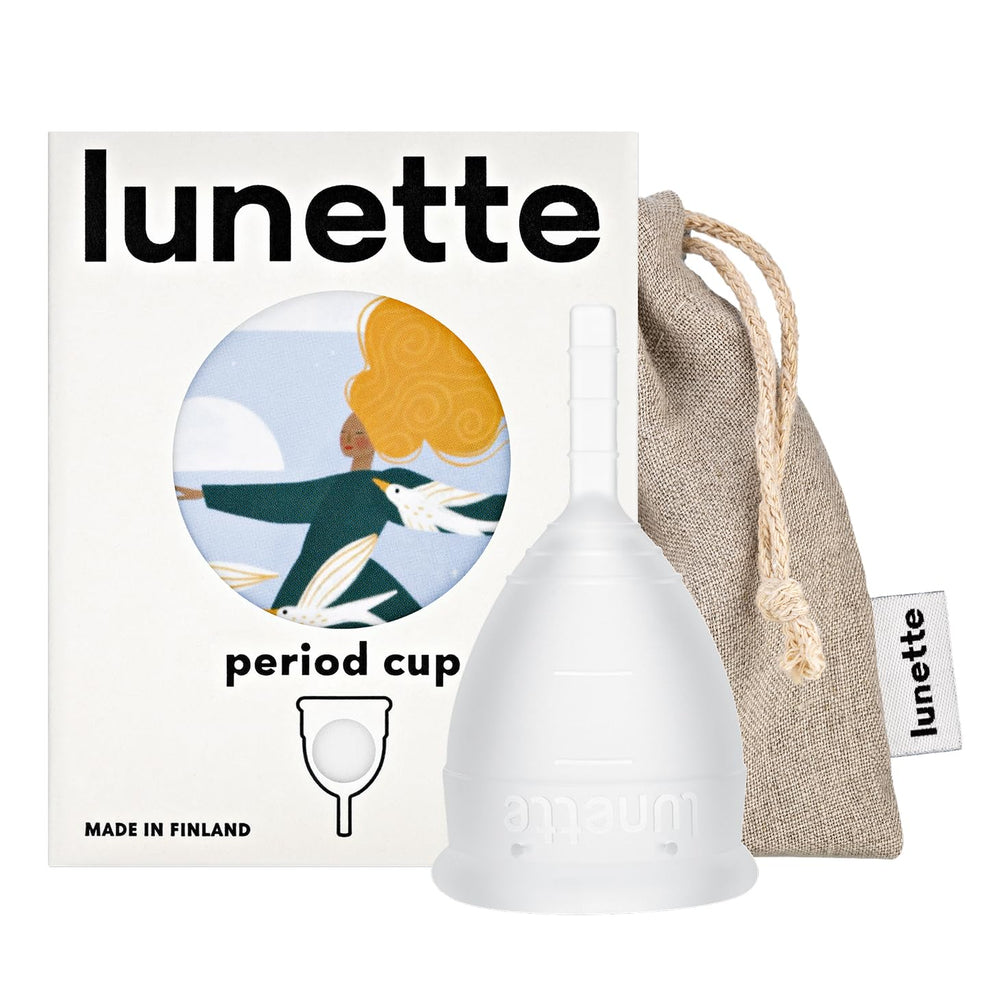 Lunette period cup size 1 in clear silicone, ideal for first-time users.