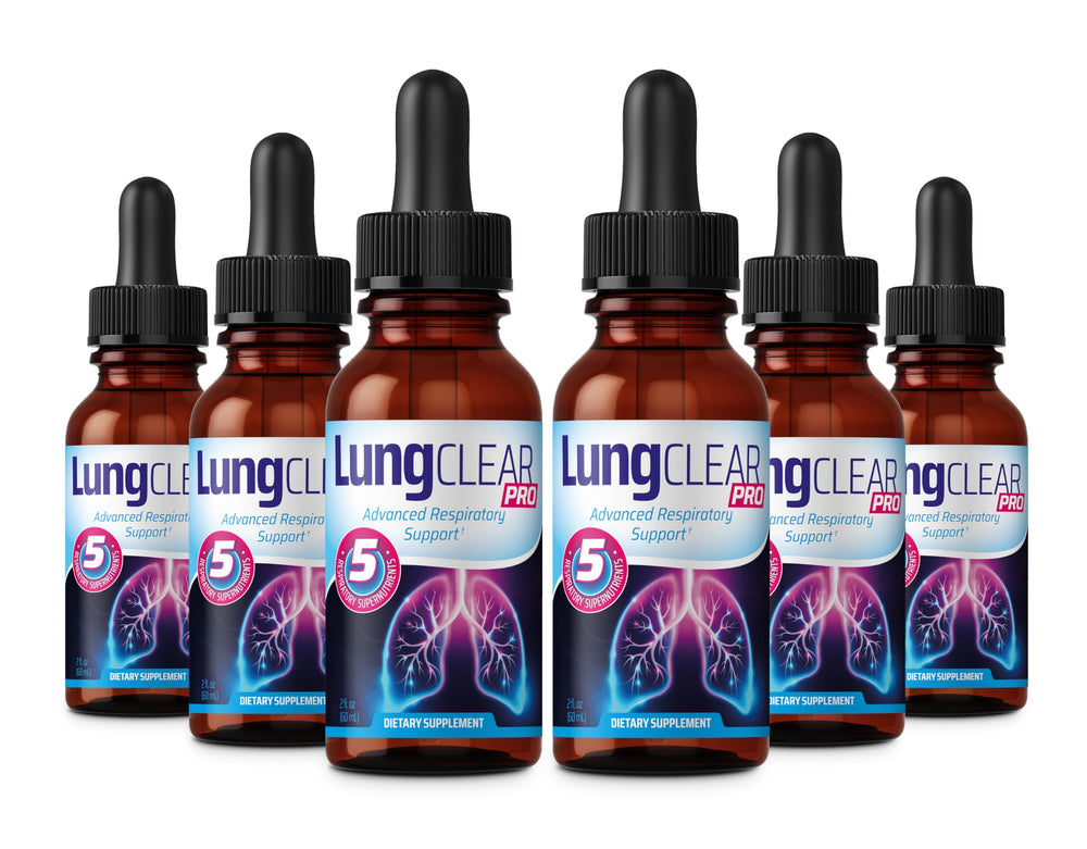 Lung Clear Pro bottle with dropper highlights a natural lung support formula.