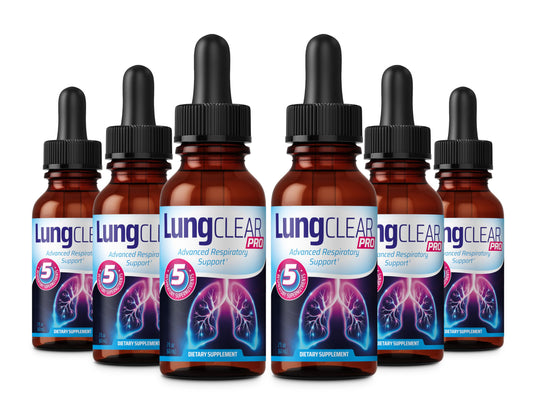 Lung Clear Pro bottle with dropper highlights a natural lung support formula.