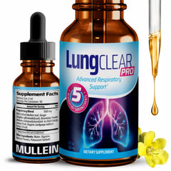 Lung Clear Pro mullein bottle label close-up for mucus relief