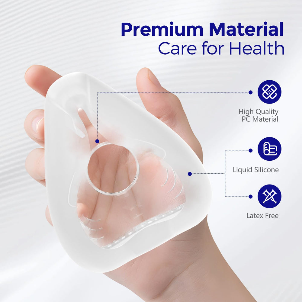 Lungmate F20 sealing-curve cushion follows facial contours for a better seal.