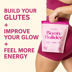 Lustrafit Booty Gummies flavor-strawberry close-up highlighting sugar-free and vegan ingredients.