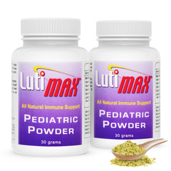 LutiMax pediatric powder bottle shown for convenient daily supplementation.