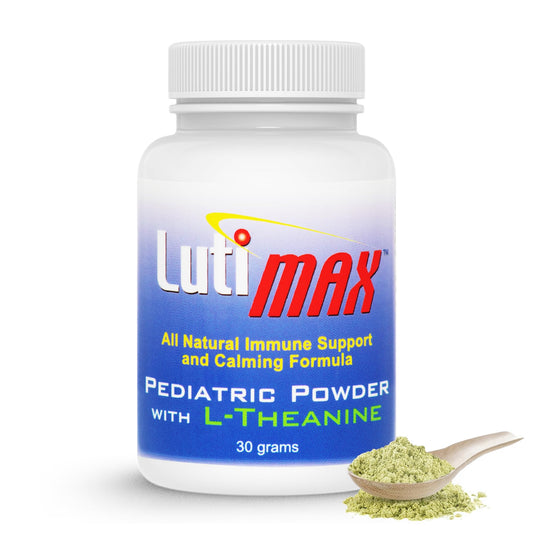 Luti Lutimax Pediatric Powder bottle shown for convenient daily brain and immune support for kids