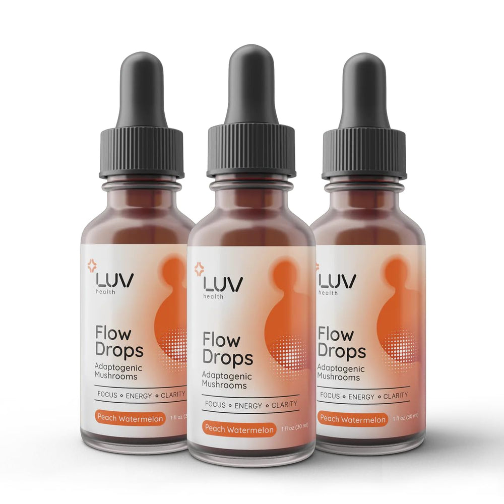 LUV health Flow Drops energy bottle pour for a quick focus boost.