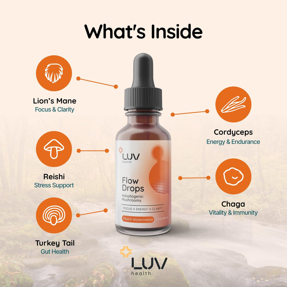 LUV health Flow Drops label close-up with adaptogenic mushroom blend for mental clarity.