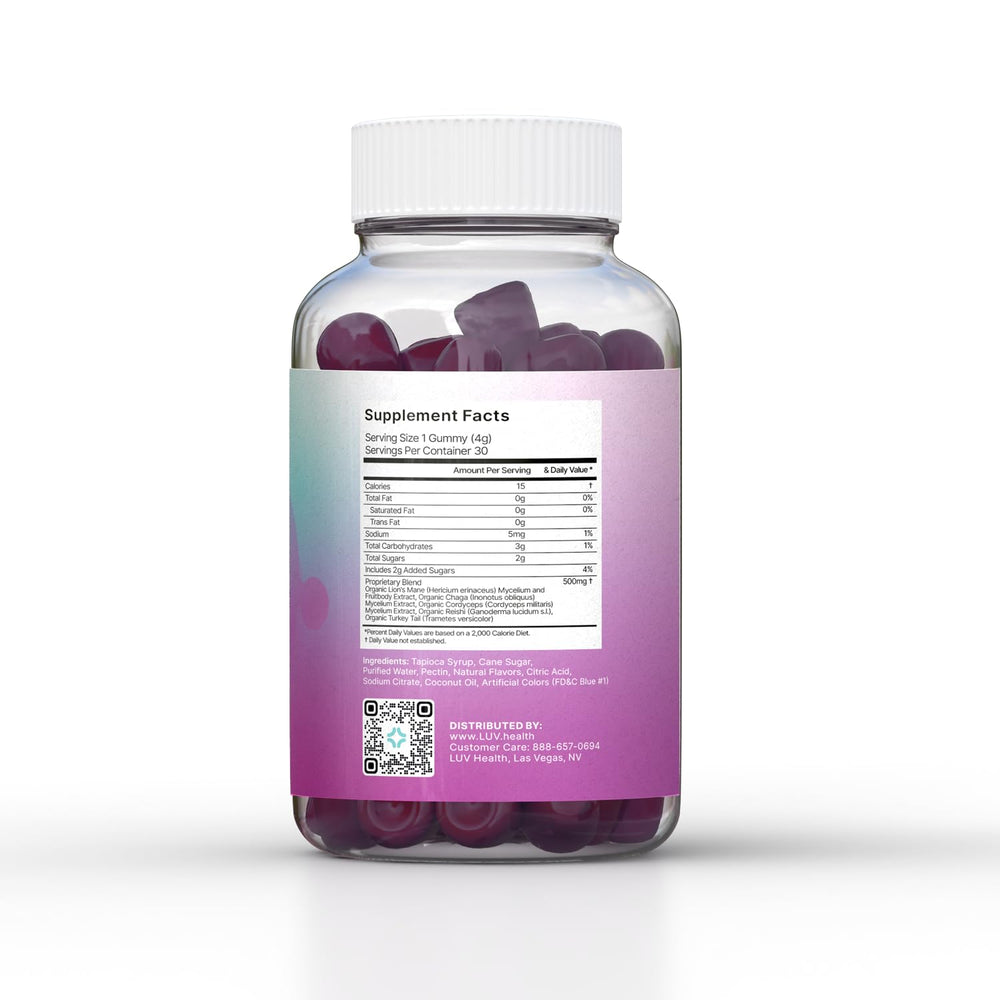 LUV Health Mind Gummies energy-boost chewable on desk supporting sustained vigor